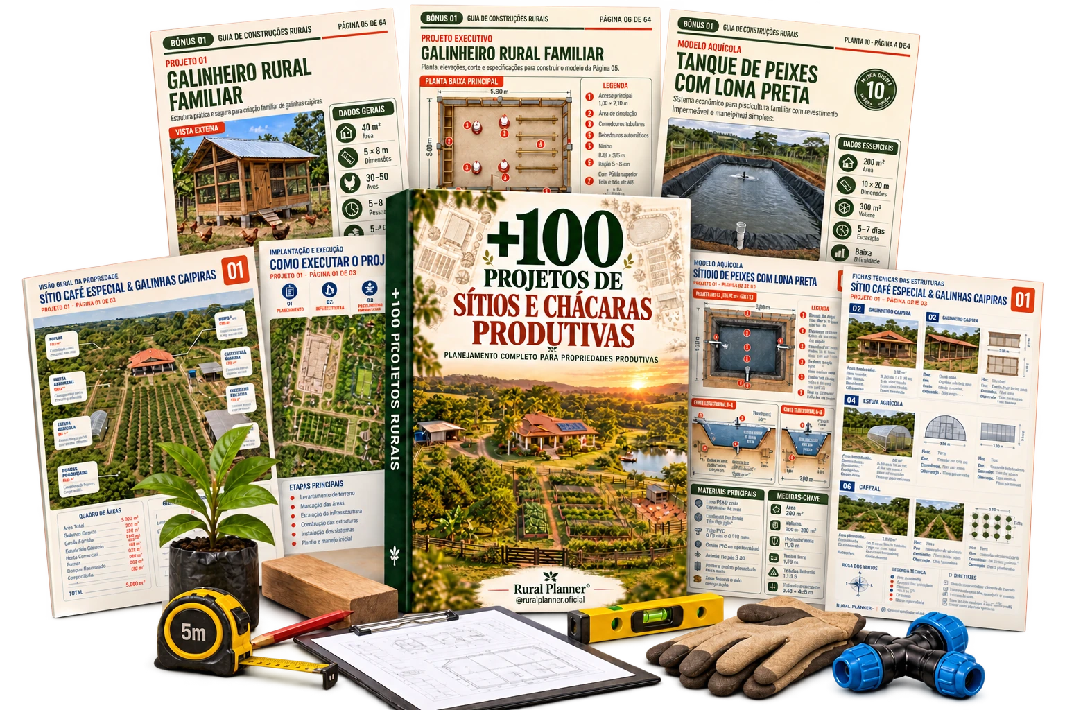 Mockup do kit digital Rural Planner com projetos de sítios e chácaras